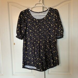 Women's Pleated Shirt Blouse Round Neck Grey Yellow Floral Plus Size XL 12-14